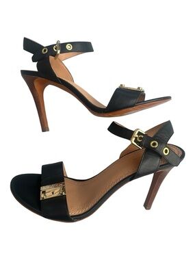 BROOKS BROTHERS Calf Skin Black Leather Gold Lock Buckle Stiletto Heels Sandals